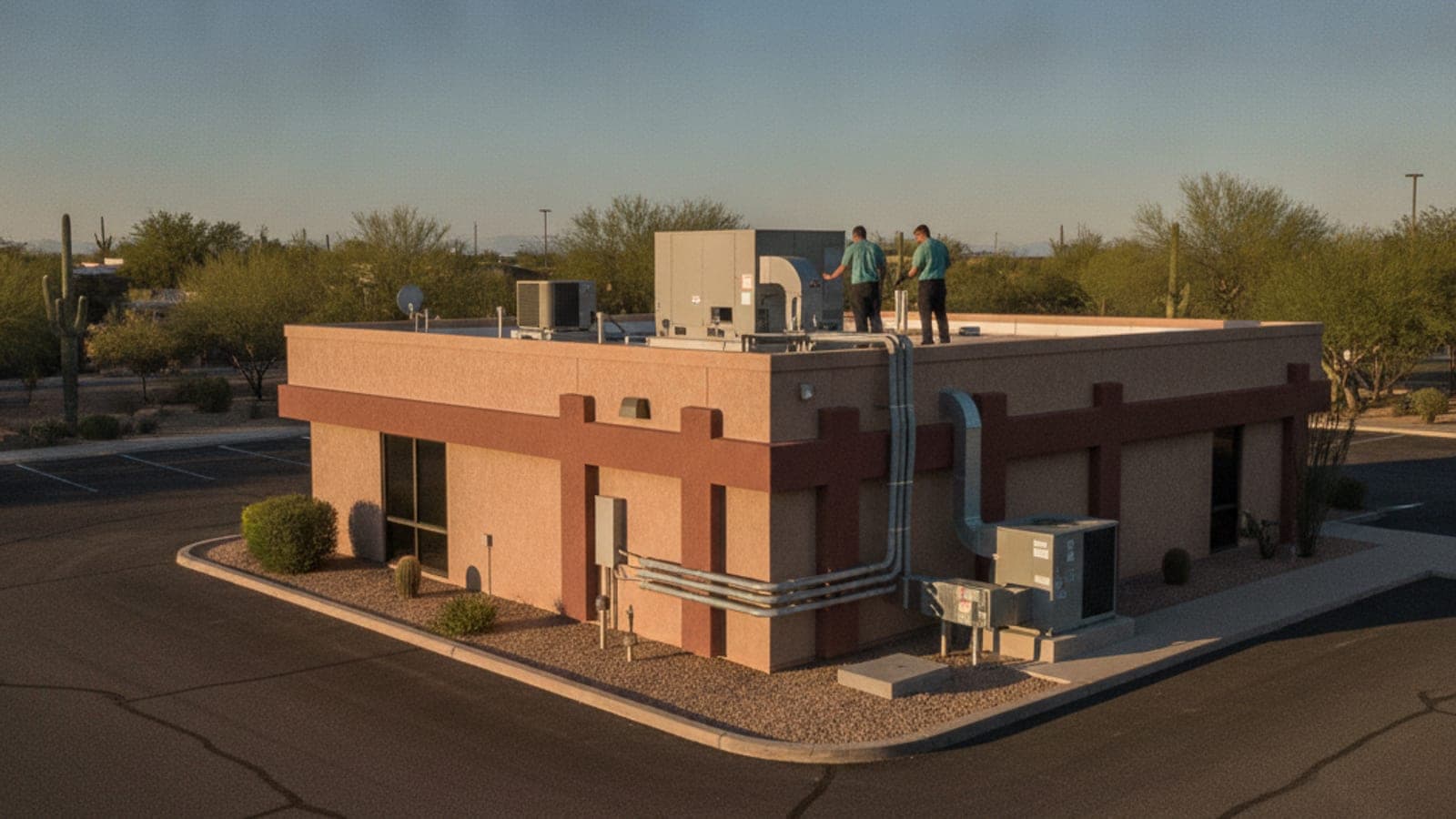 Small medical office building with rooftop HVAC units in a Tucson commercial plaza under clear desert sky