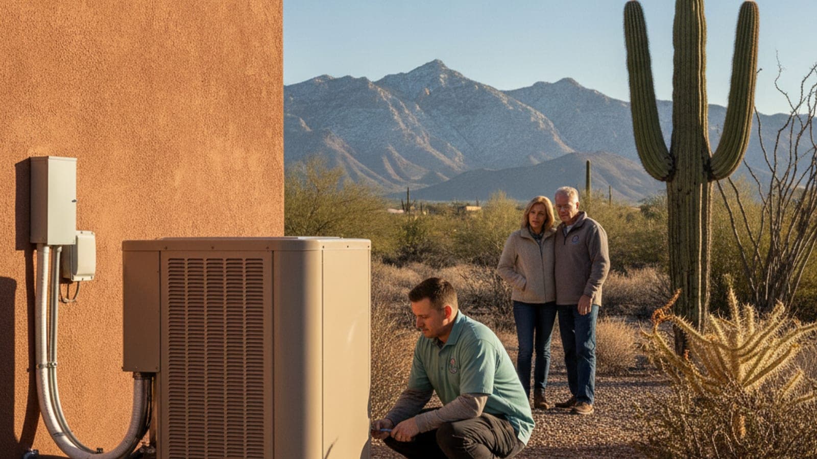 Outdoor heat pump unit beside a Tucson stucco home on a clear winter morning with saguaro and distant Catalina Mountains
