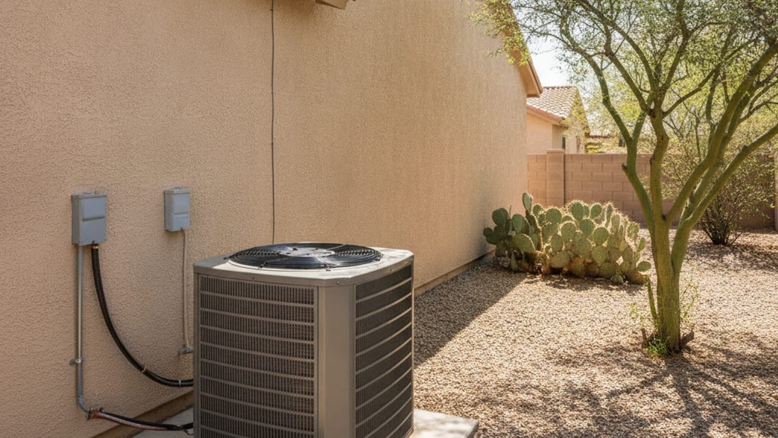 Tucson block home with a new ground-level condenser being set on a pad beside a gravel yard, palo verde tree and clear sky