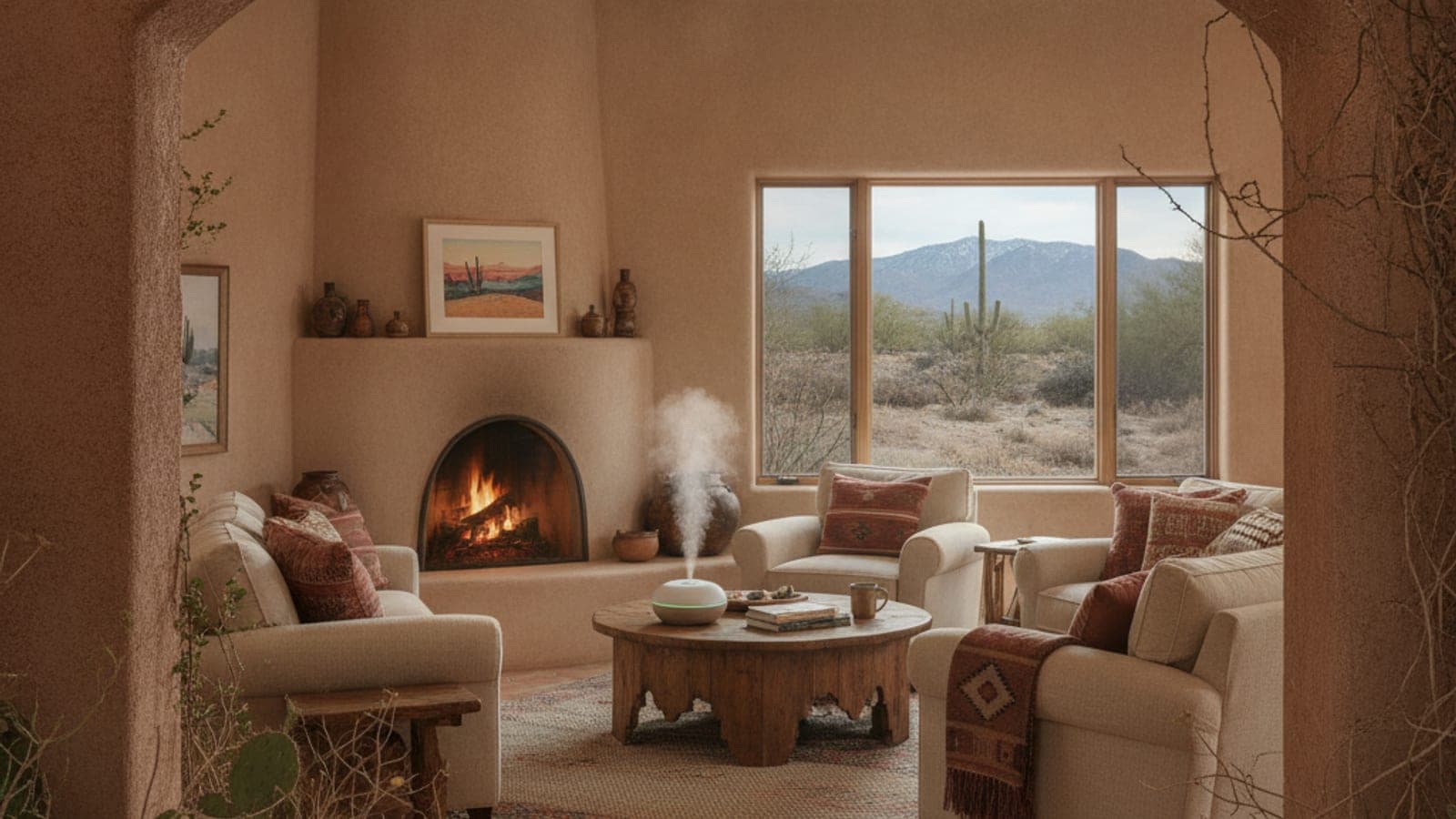 Cozy Tucson living room in winter with a ceiling vent and a small humidifier on a wooden table