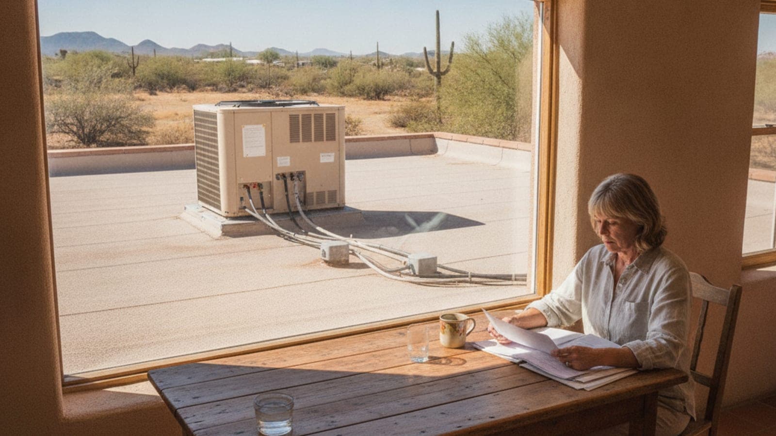 Homeowner reading a service contract at a kitchen table in a Tucson adobe style home, with a roof AC unit visible through a window
