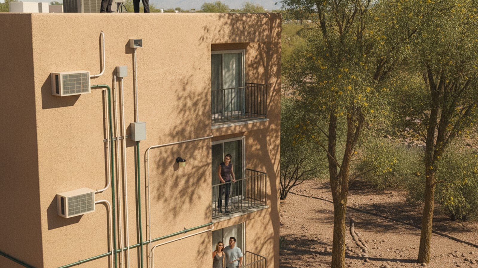 Apartment building with stucco walls and wall-mounted cooling units under a hot Tucson sky