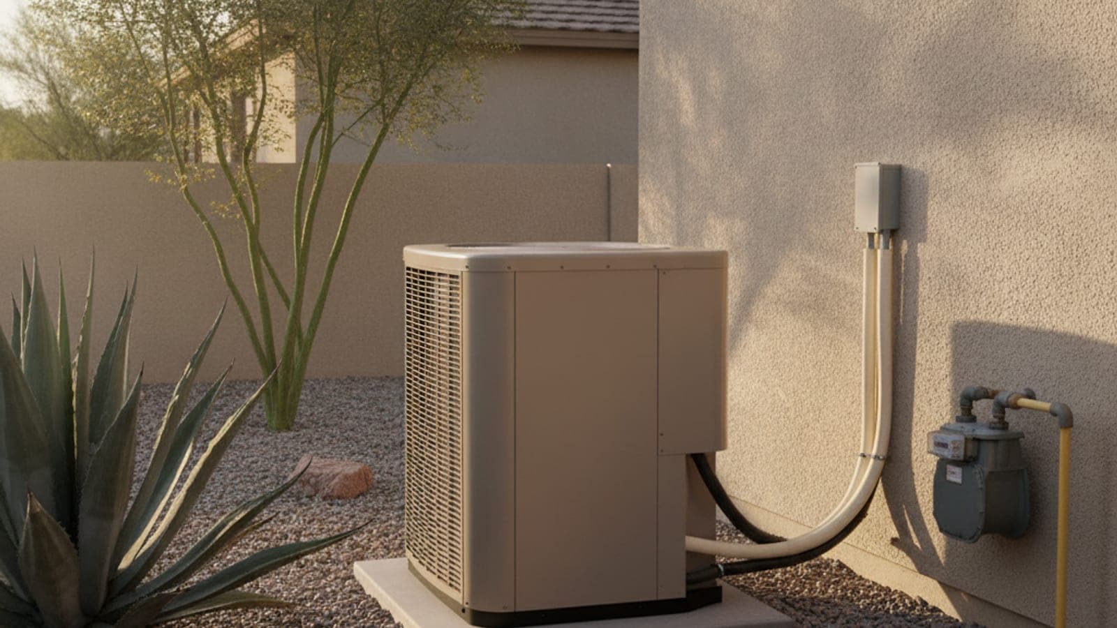 A gas meter and an outdoor heat pump unit beside a stucco wall of a Tucson home with agave plants in the yard