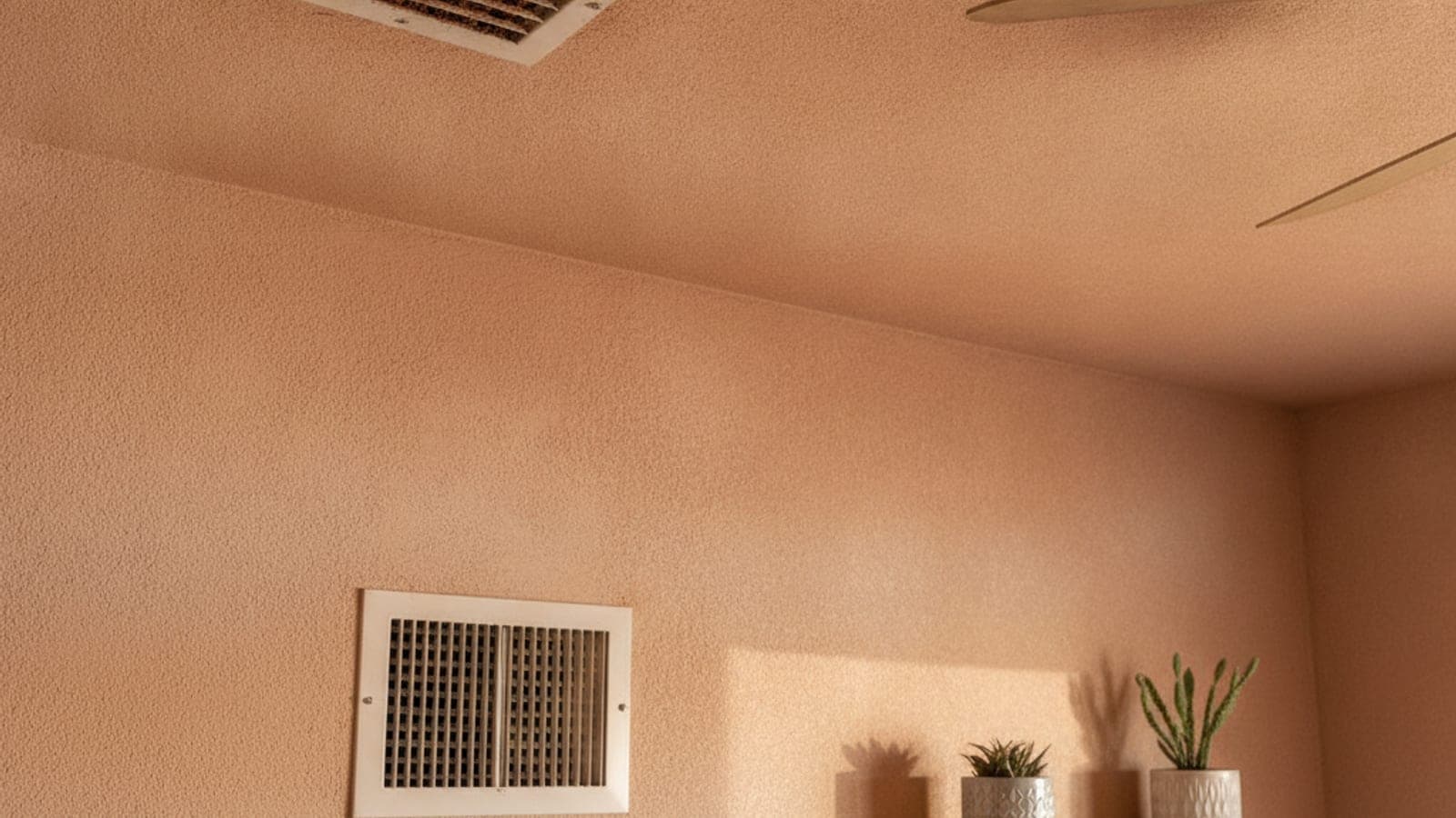Open return air grille and a dusty vent cover on a wall of a Tucson home, soft desert light, no people