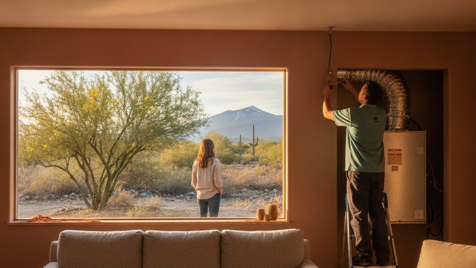 Tucson stucco home interior with a bright ceiling vent and a dusty window sill showing desert light