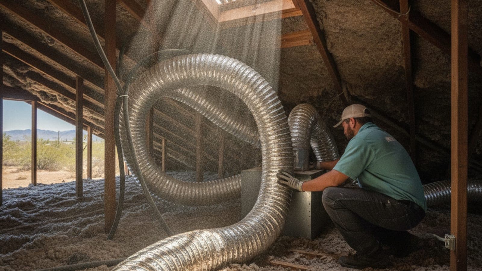 Silver flexible ductwork in a hot attic of a Tucson home with sunlight streaming through a roof vent