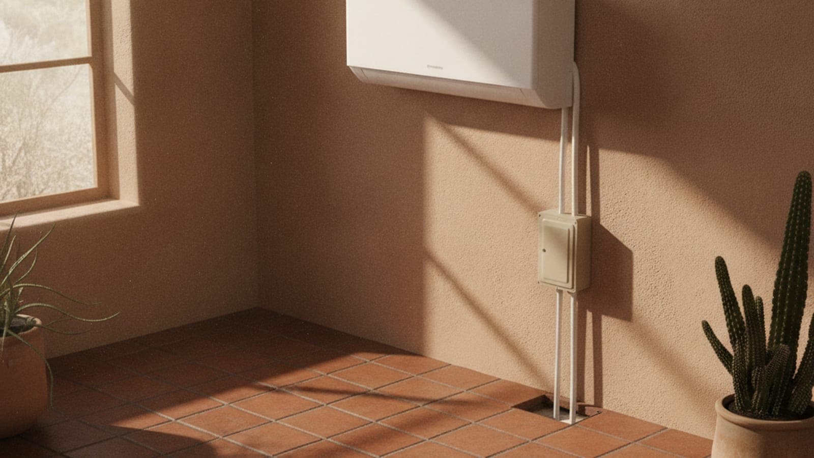 Wall-mounted ductless mini split indoor head in a bright Tucson living room with a Southwestern tile floor