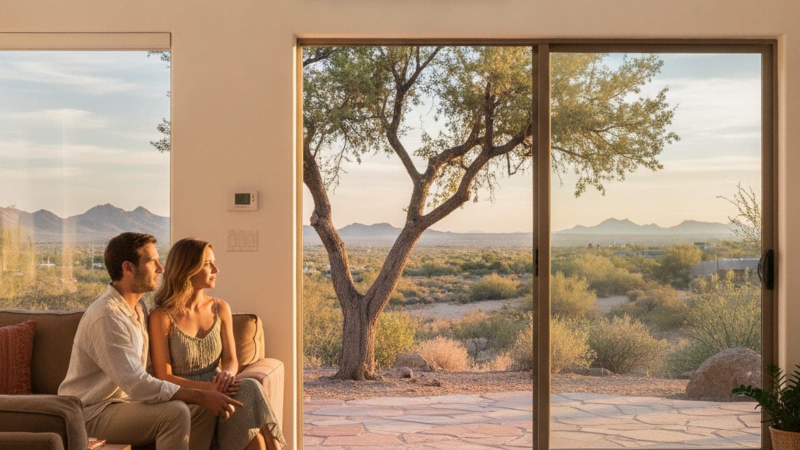 Wall-mounted mini split indoor head in a bright Tucson living room with a view of a patio and a mesquite tree