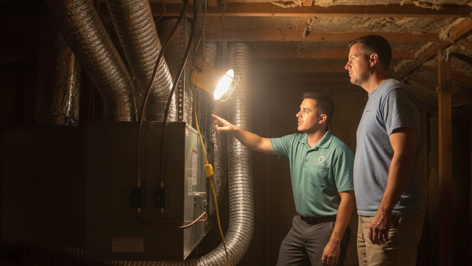 Open attic access of a Tucson home showing flexible ductwork and a ducted air handler under a flat roof, lit by a work lamp
