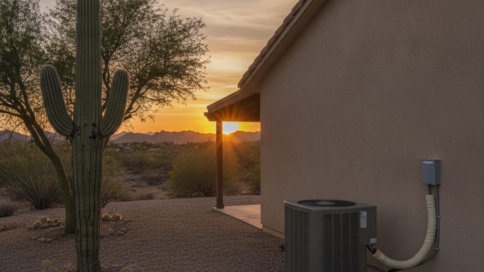 Single-story stucco home in Tucson at dusk with a ground-level AC condenser and a saguaro in the front yard