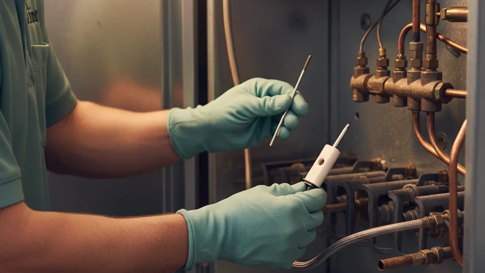 A technician's gloved hands holding an igniter at the burner assembly of an open gas furnace