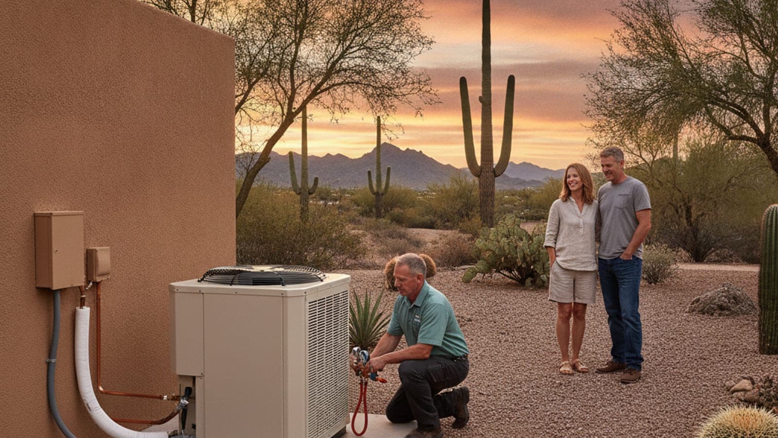 New high-efficiency heat pump condenser on a concrete pad beside a stucco wall in a Tucson yard with desert landscaping