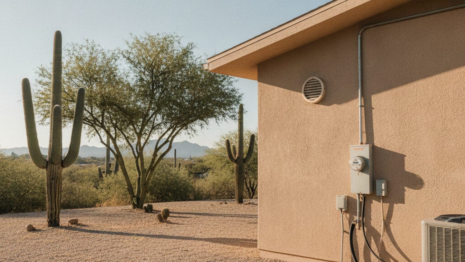 Sealed stucco home with a low-profile ventilation intake on a shaded wall, saguaro and palo verde in the yard, clear desert morning light