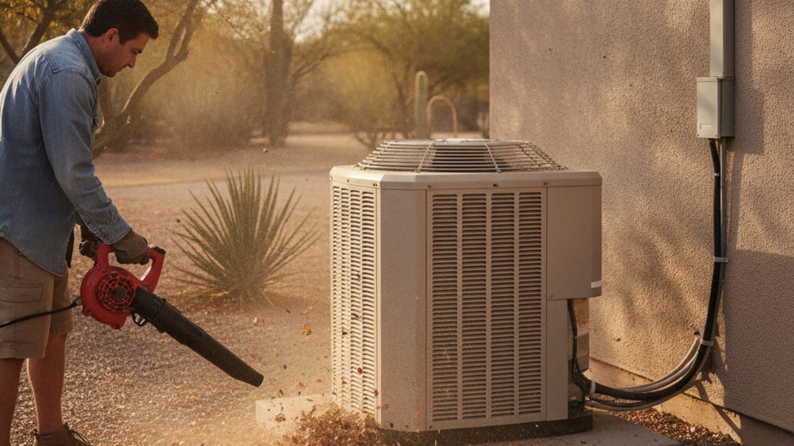 Homeowner clearing leaves and dust from around an outdoor AC unit in a Tucson yard in soft autumn light with a palo verde tree