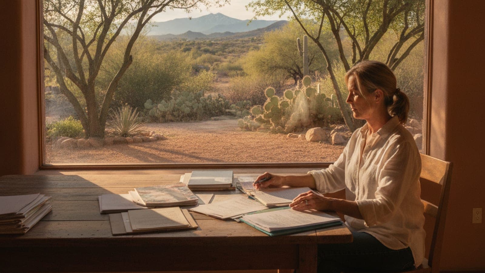 Homeowner at a Tucson kitchen table reviewing HVAC paperwork with a desert garden visible through the window