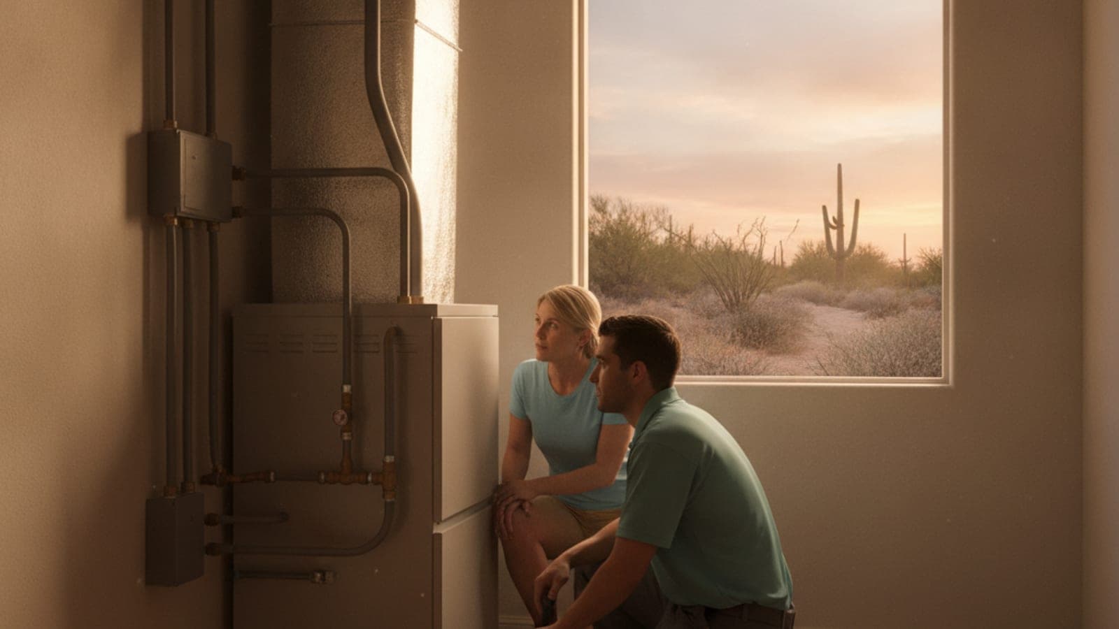 Gas furnace closet in a Tucson home with the access panel shut and soft evening light through a nearby window