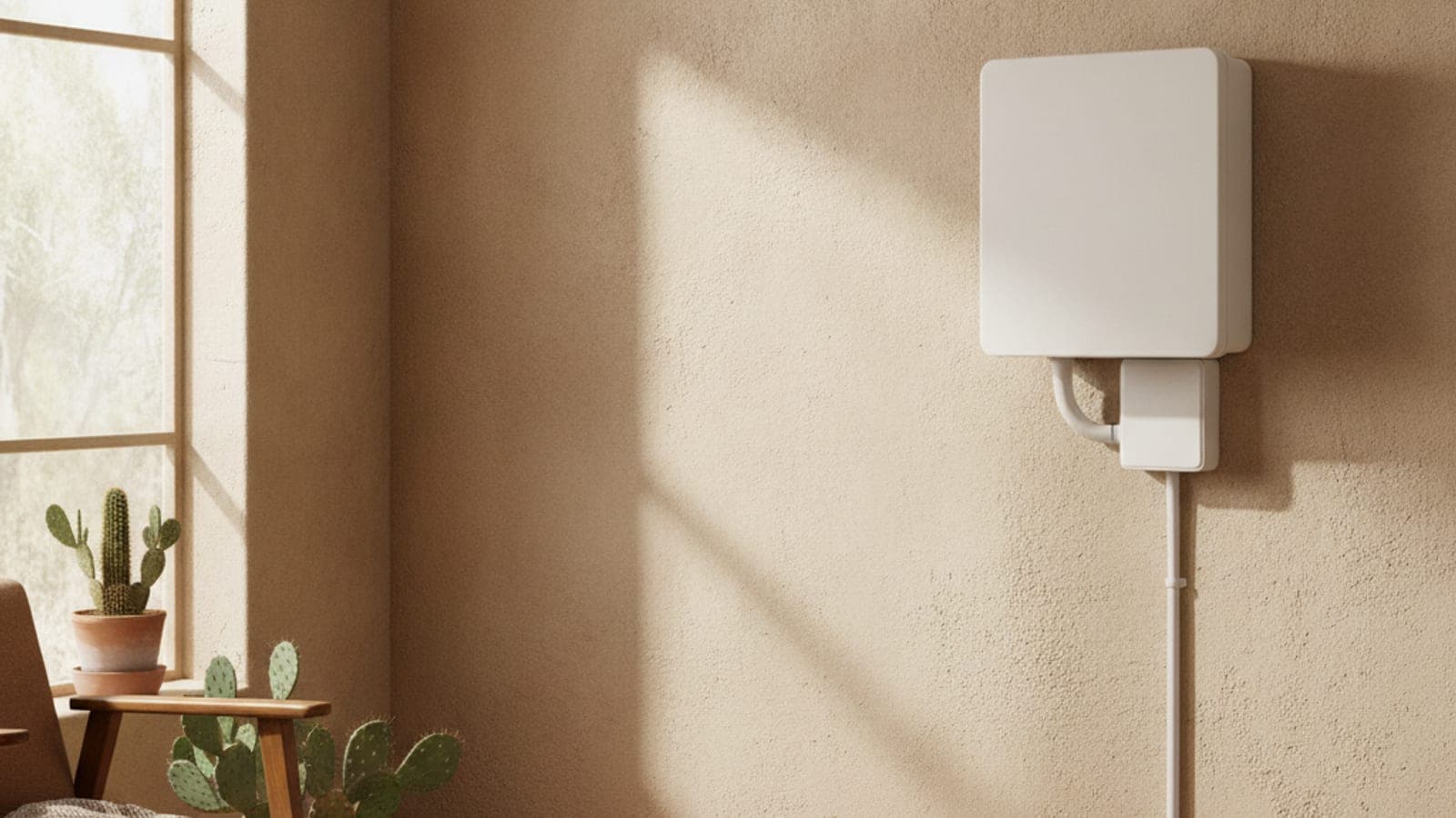 White wall-mounted mini split head on a stucco interior wall in a sunlit Tucson room