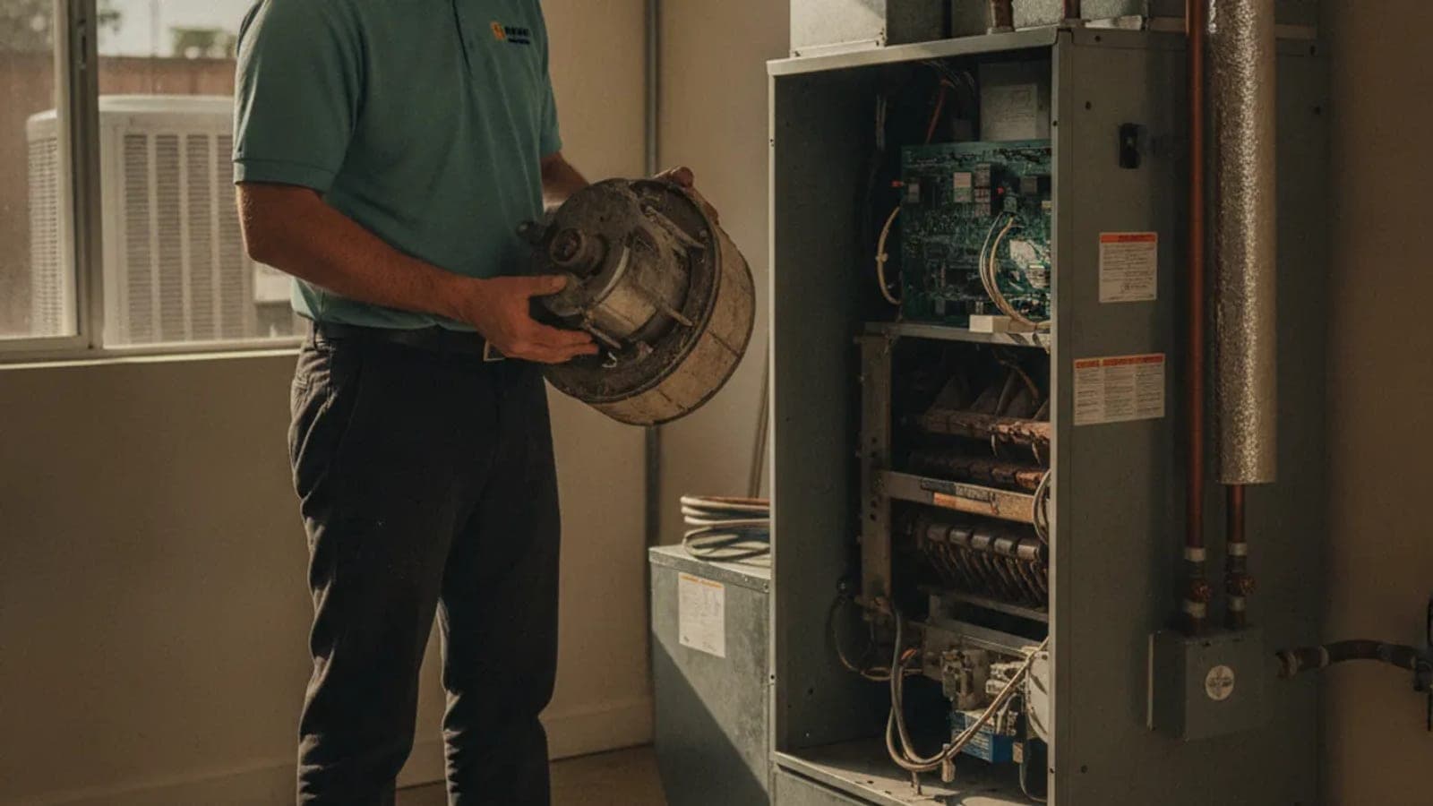 A technician holding a blower wheel beside an open furnace cabinet