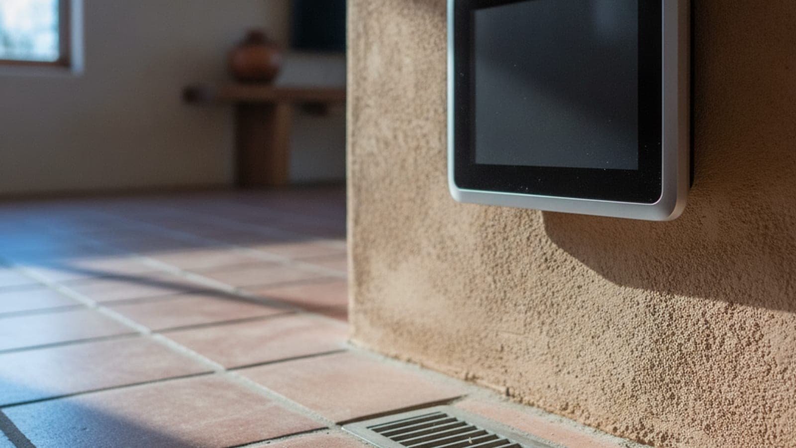 Wall thermostat and a floor vent in a Tucson home on a cool desert morning