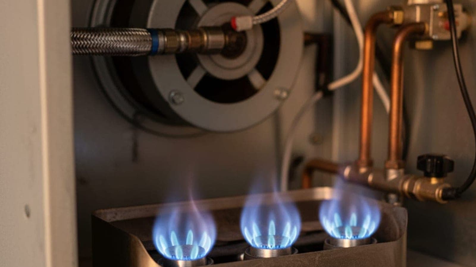 Blue burner flames inside the open cabinet of a residential gas furnace