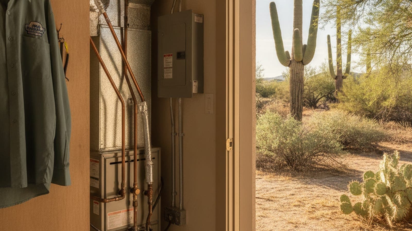 Tucson home utility closet with a gas furnace and ducts, bright desert light through an open door and a saguaro outside