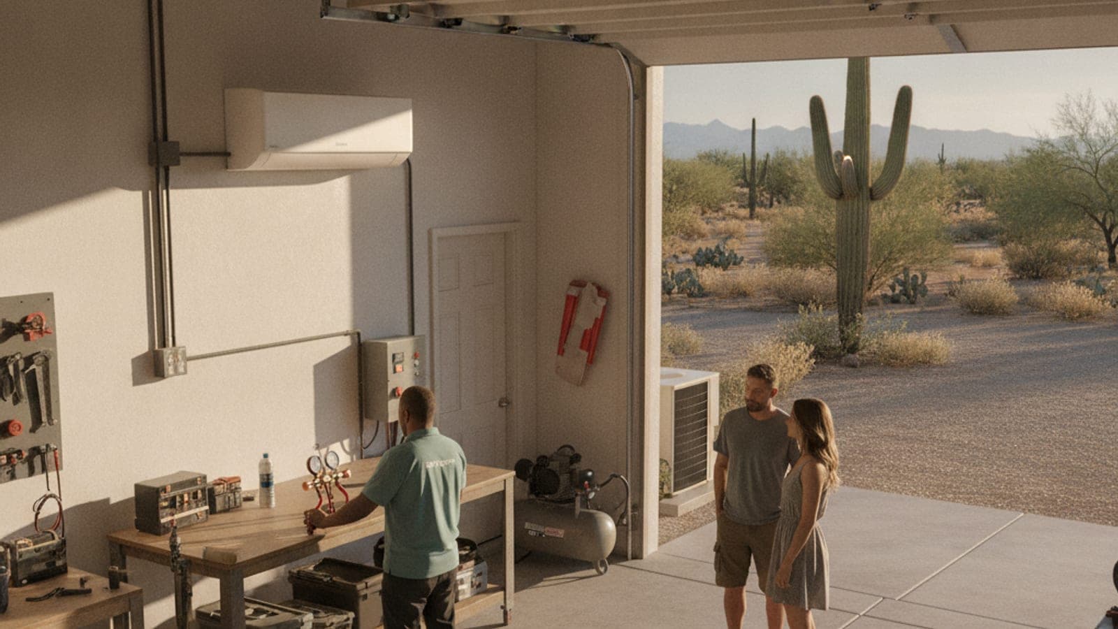 Open garage workshop in Tucson with a wall-mounted mini split and a bright desert driveway with a saguaro in view