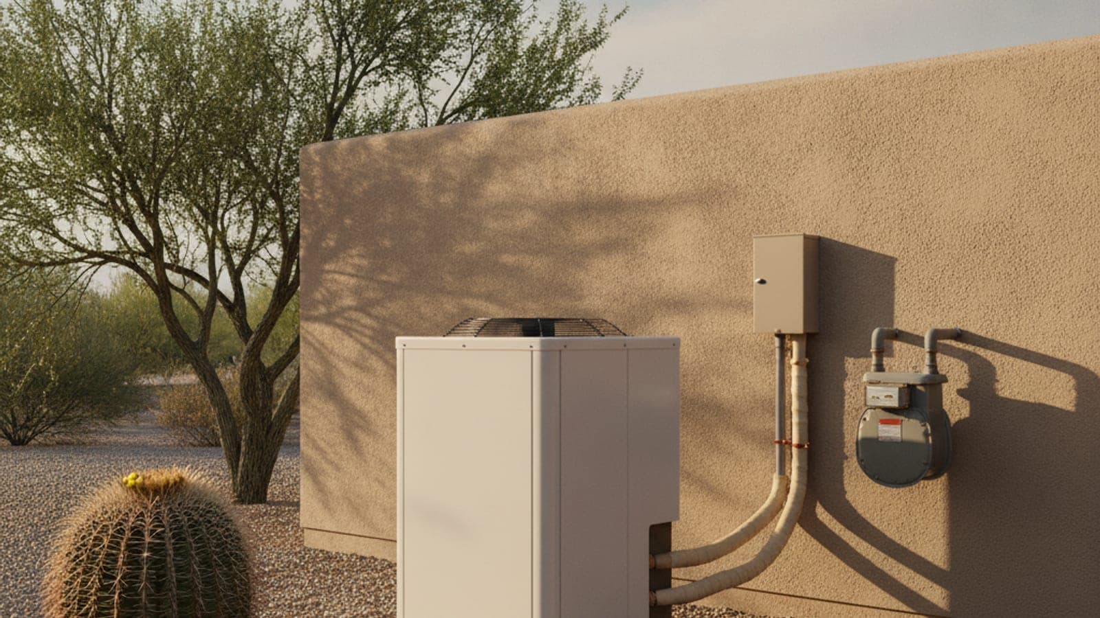 New heat pump condenser on a pad beside a stucco home with the old gas meter visible on the wall, desert landscaping