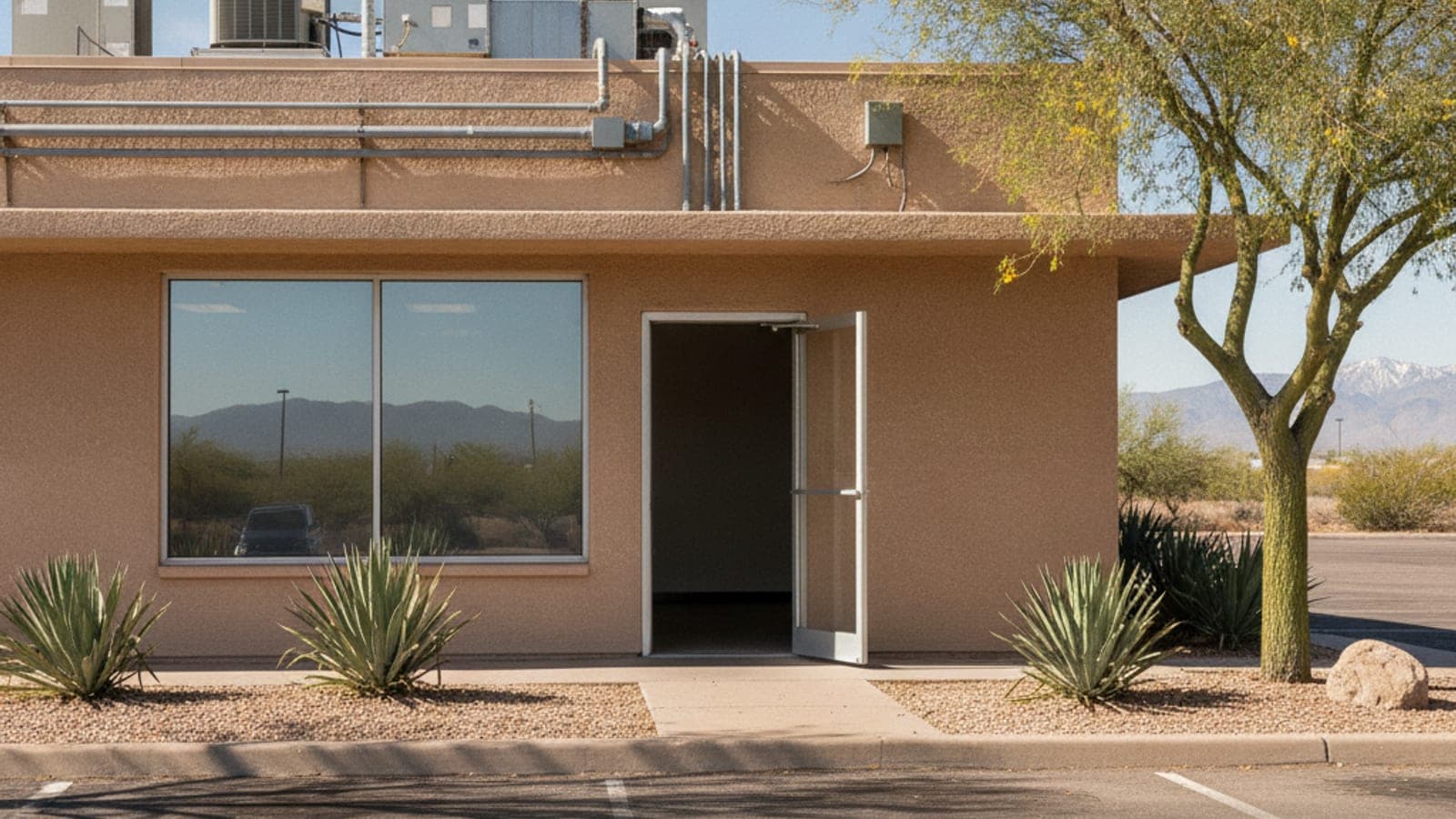 Small Tucson fitness studio storefront in a stucco strip center with rooftop units