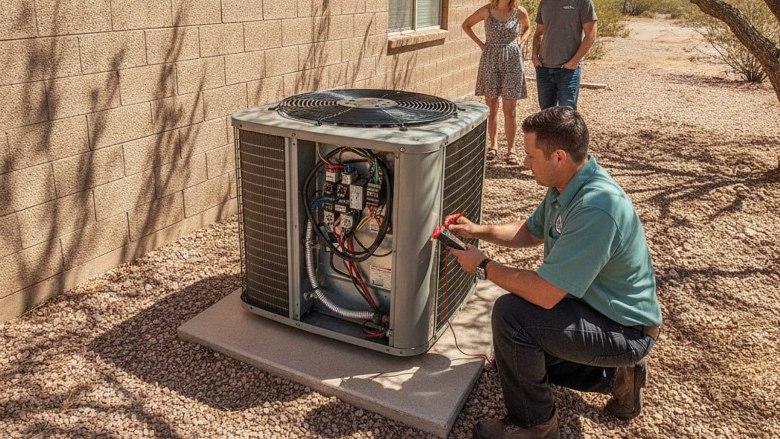 Open outdoor AC condenser showing the electrical compartment in a gravel yard beside a Tucson block home