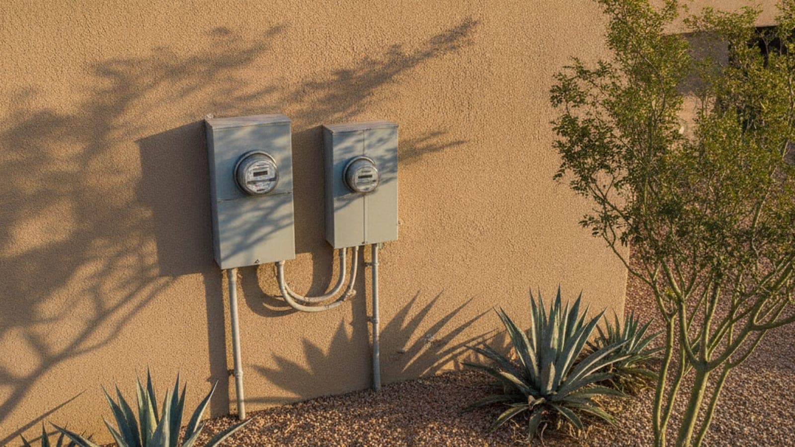 An exterior electrical meter and service panel on a stucco wall of a Tucson home with a desert garden in warm light