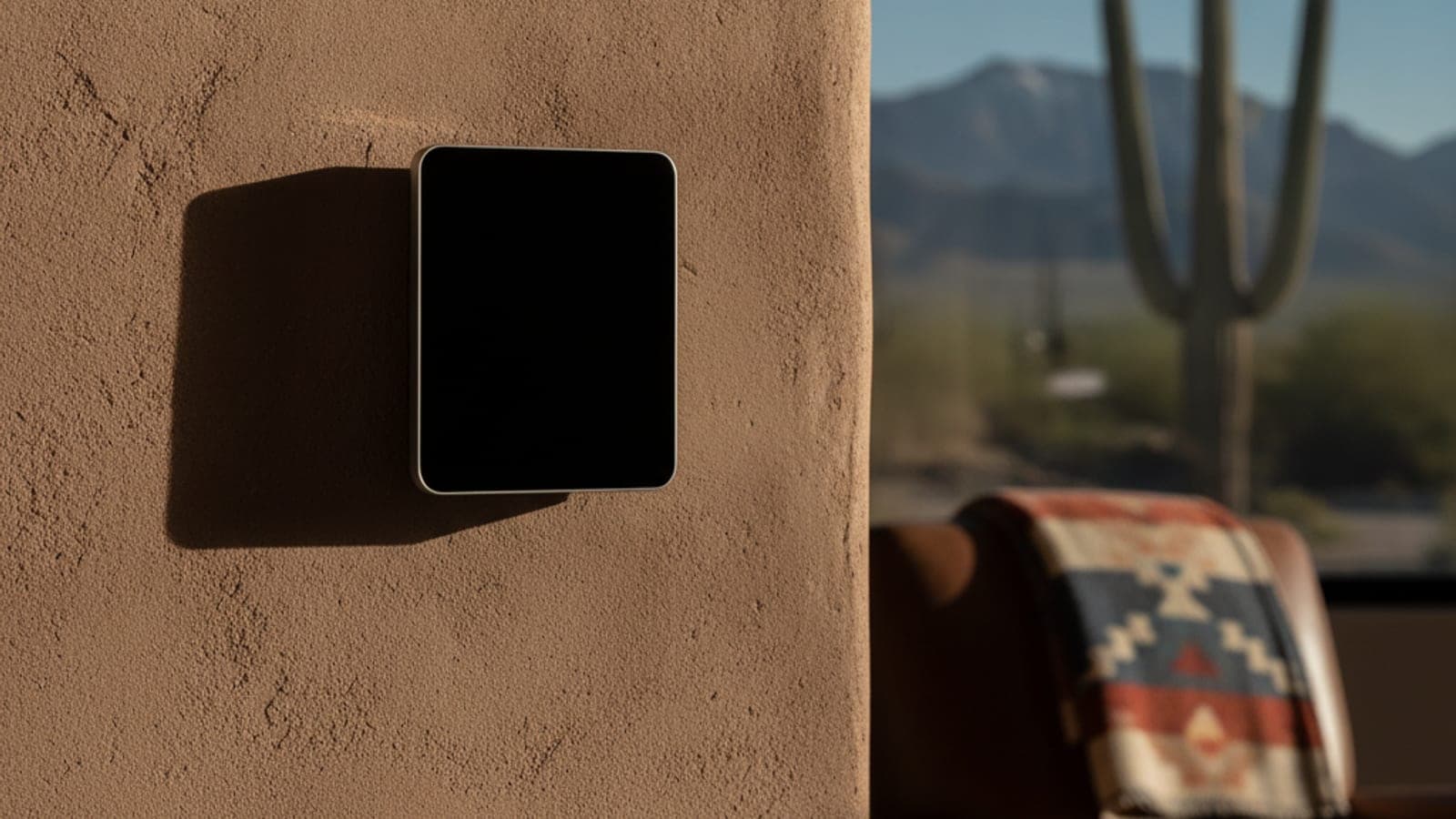 A thermostat with a dark screen on a plaster wall beside a window with a saguaro and mountains outside