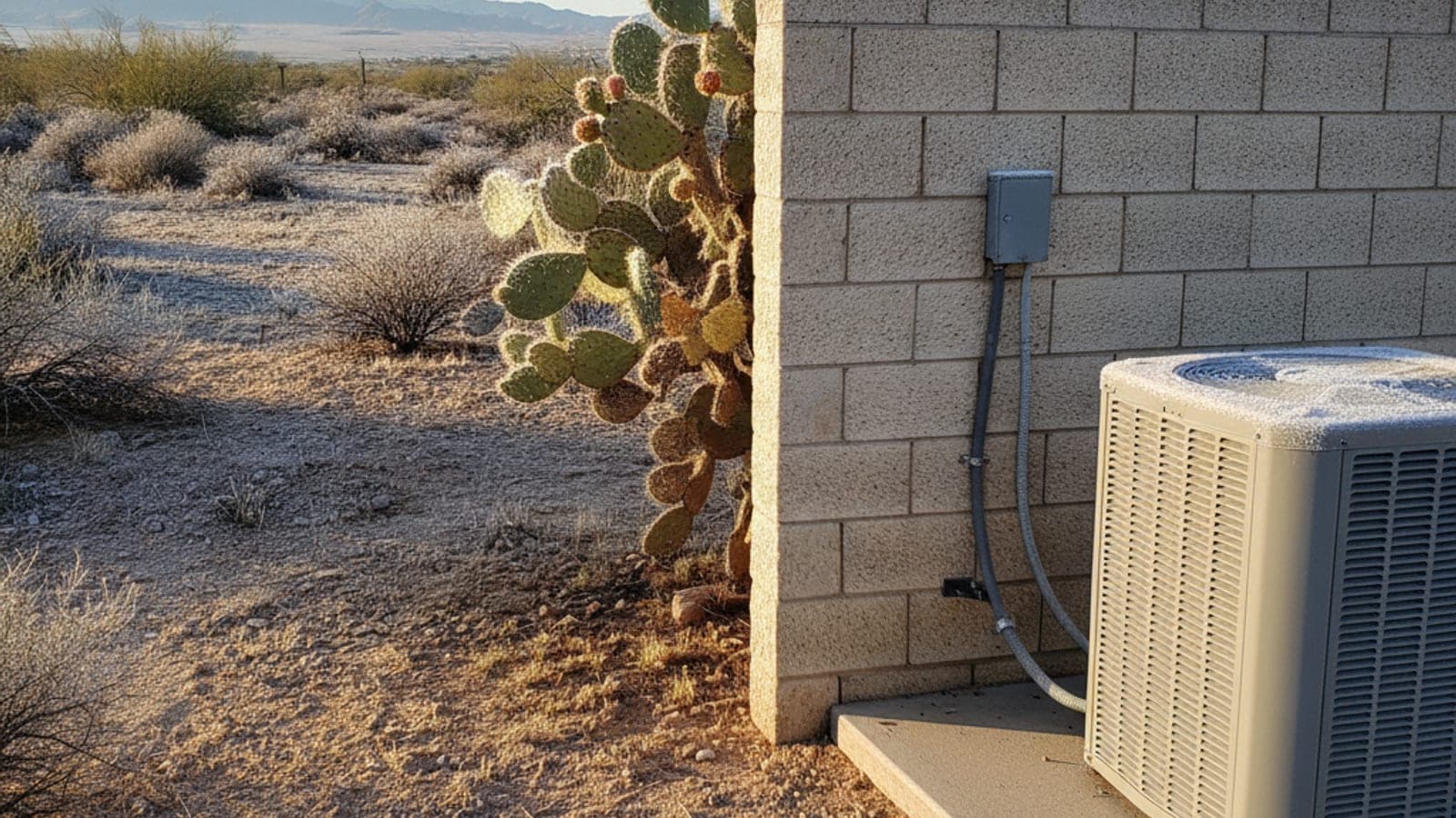 Outdoor heat pump with a light frost on a clear cold Tucson morning beside a block wall and prickly pear