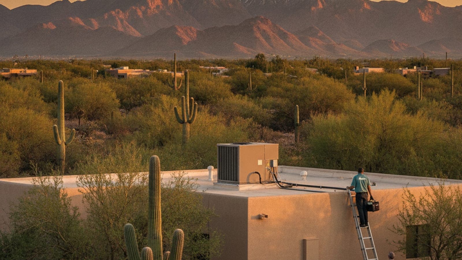 Rooftop package heat pump unit on a flat stucco roof in Tucson with the Santa Catalina Mountains in the distance in golden light