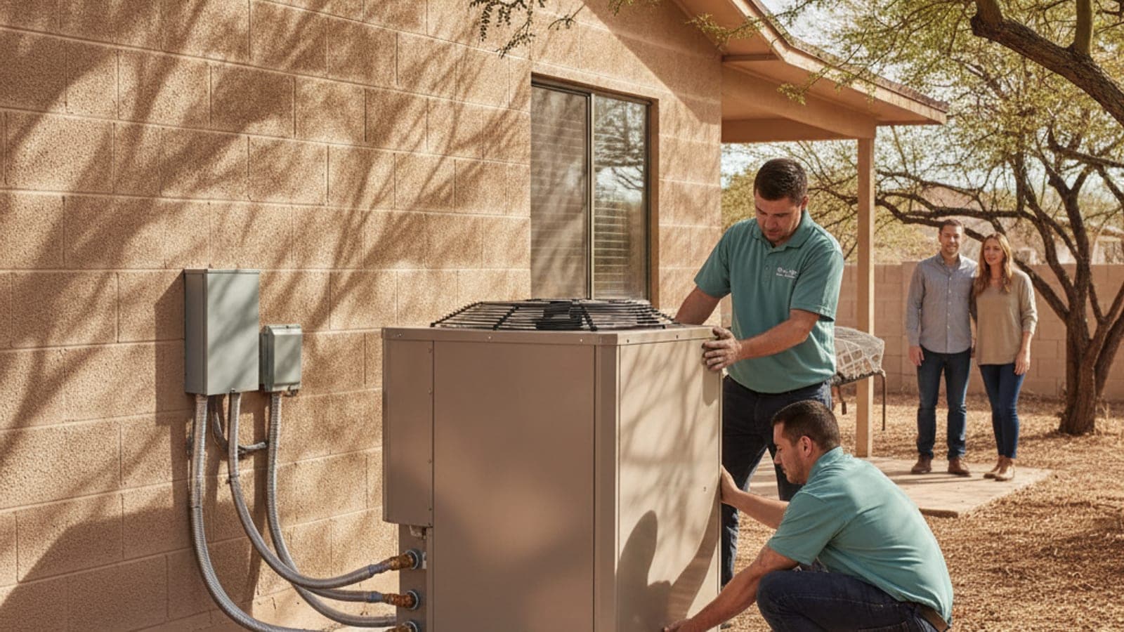 Installers setting a new heat pump outdoor unit on a pad beside a Tucson block home with a mesquite tree overhead