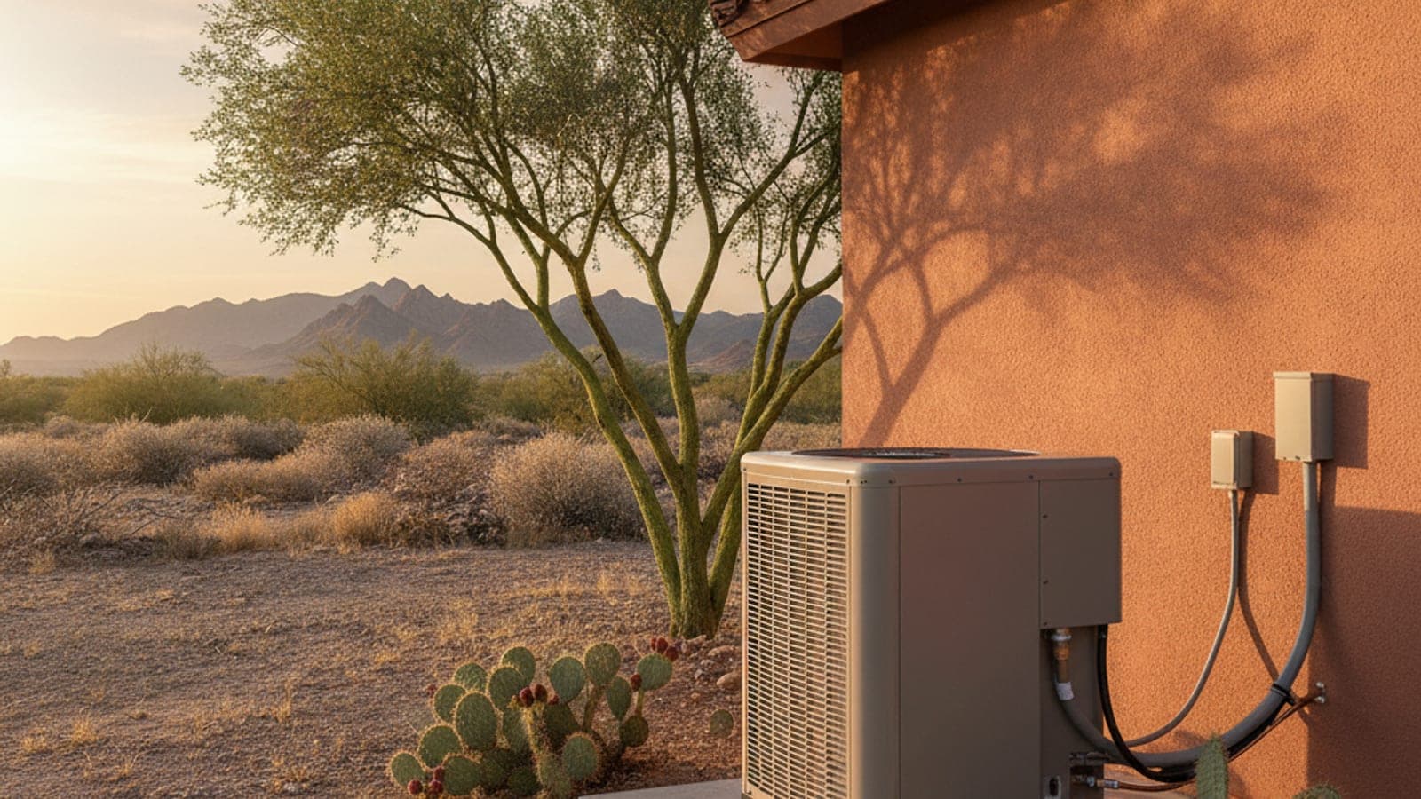Outdoor heat pump unit on a concrete pad beside a Tucson stucco home with desert plants and mountains in soft evening light