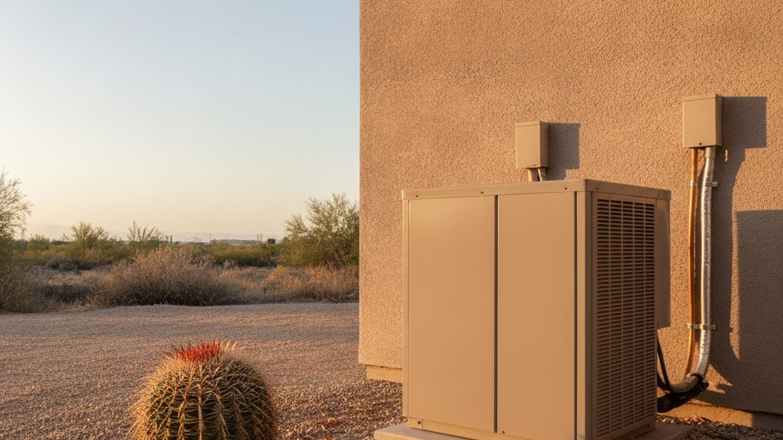 Outdoor heat pump unit next to a Tucson stucco wall with gravel, barrel cactus and mesquite leaves around it