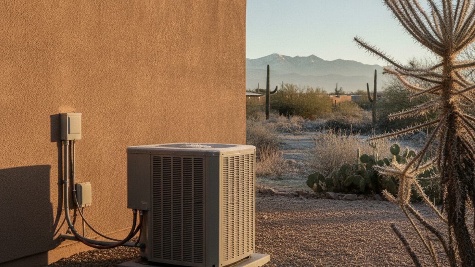 Tucson stucco home on a clear cold winter morning with a heat pump outdoor unit and frost on nearby desert plants