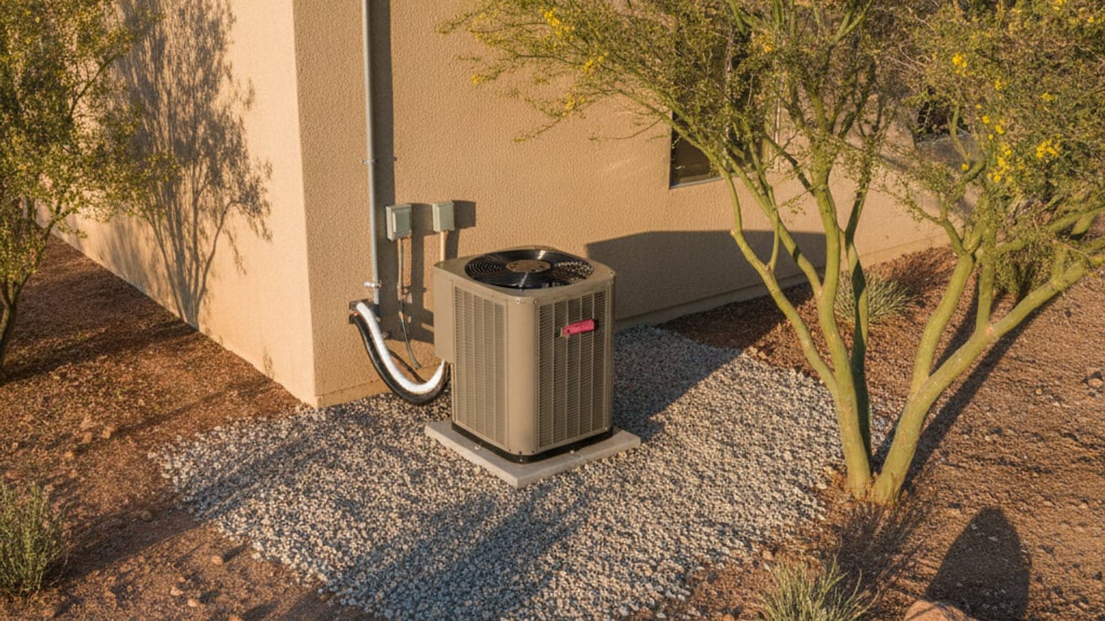Heat pump condenser on a gravel pad beside a stucco home with a palo verde tree in warm desert light
