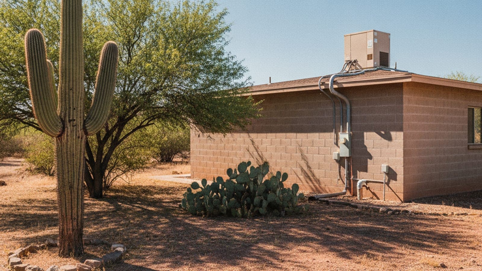 A rooftop package heat pump unit on the flat roof of a stucco home with saguaros in the yard below