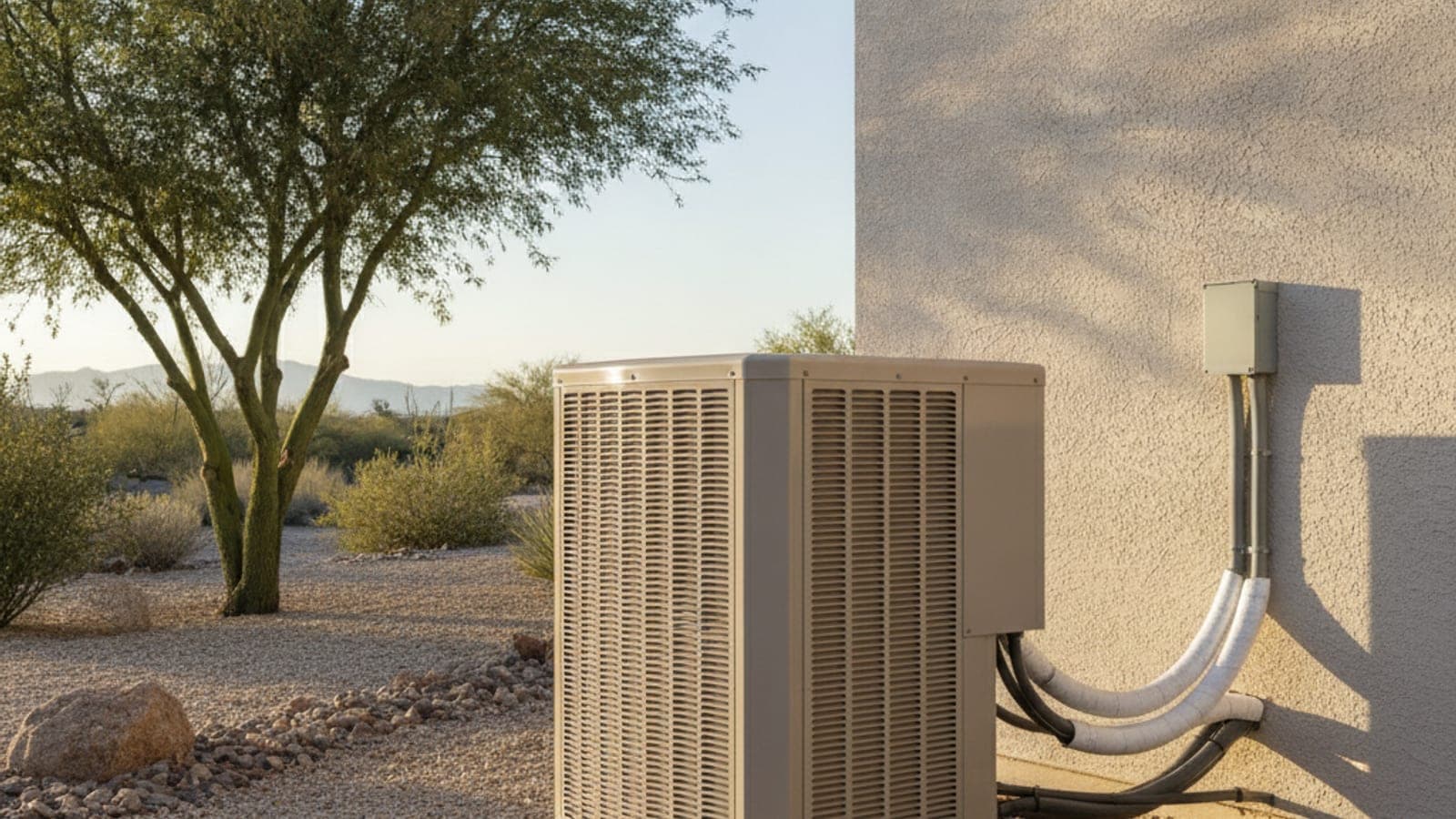 Outdoor heat pump unit beside a Tucson stucco home on a cool desert morning with gravel and a palo verde tree