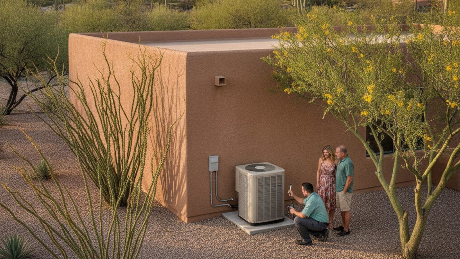 Tucson stucco home with a ground-set heat pump outdoor unit and desert landscaping in warm morning light