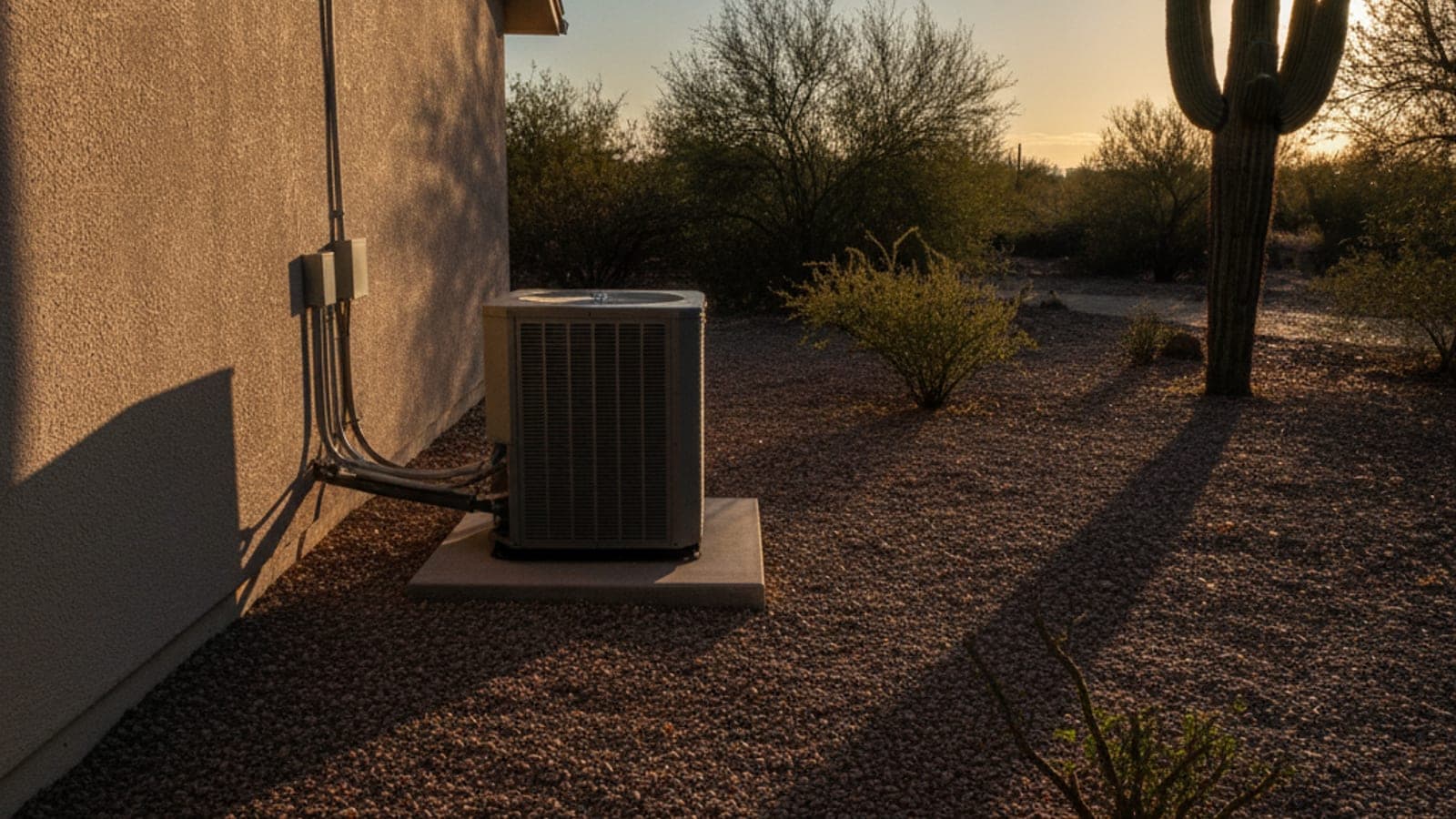 Tucson stucco home at winter sunrise with a heat pump condenser on the side yard and a saguaro