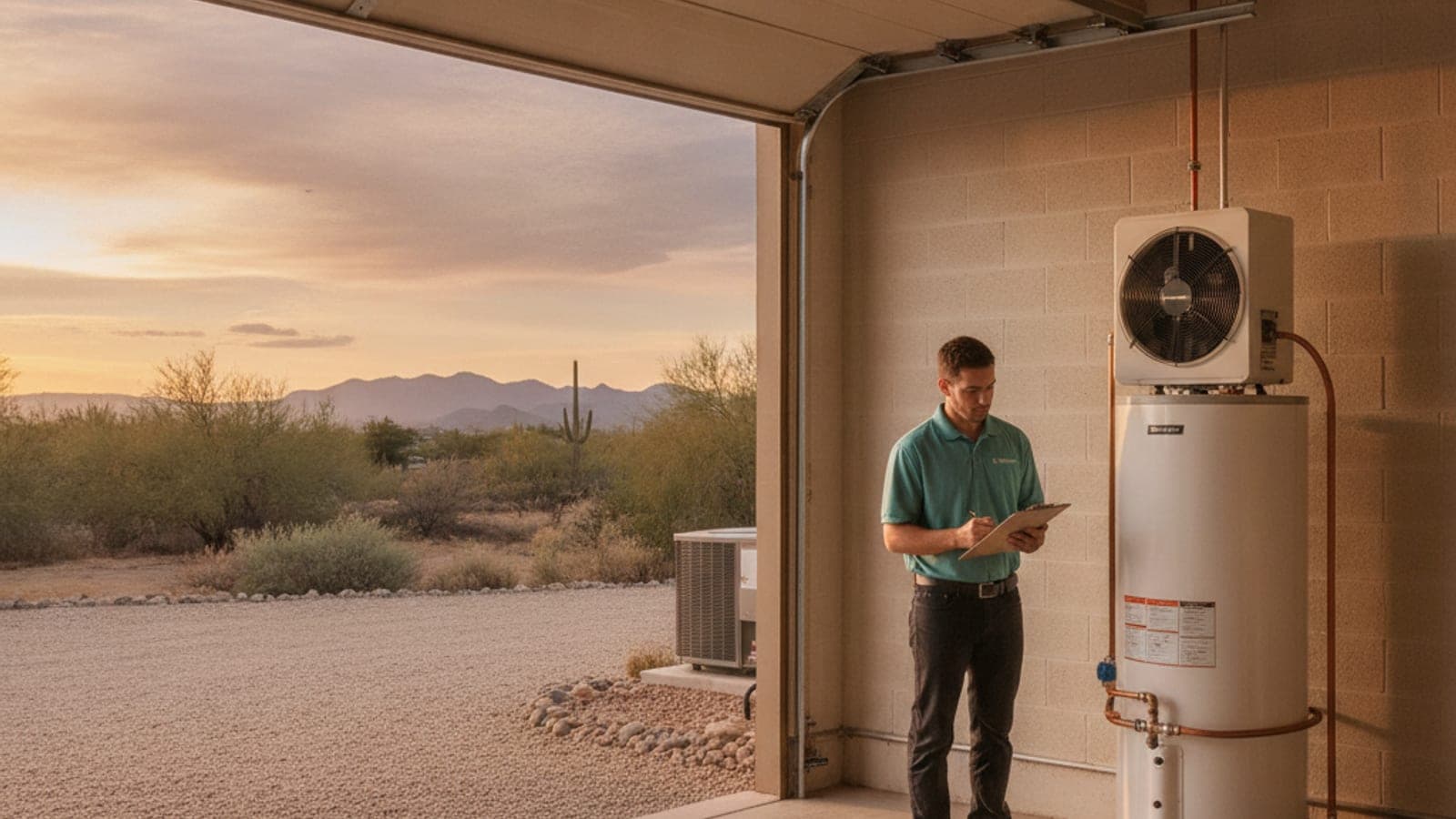 Heat pump water heater standing in a Tucson garage beside a block wall with a rolling door open to a bright driveway