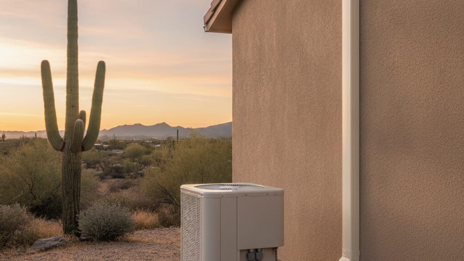 Neat paint-matched line cover running down a tan stucco wall to a mini split outdoor unit in Tucson