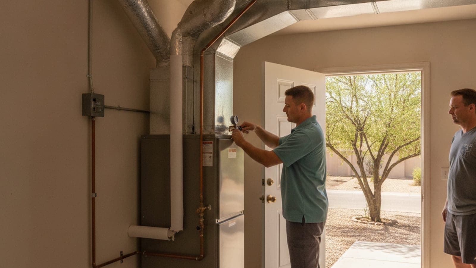 Gas furnace and ductwork in a garage utility space of a single-story Tucson home with a mesquite tree outside the open door