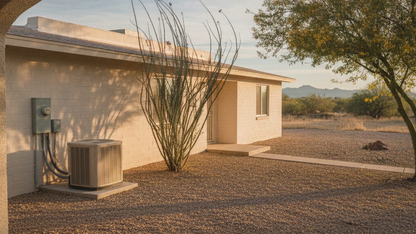Tucson home with a light-colored flat roof and a ground-level heat pump beside the wall in morning desert light