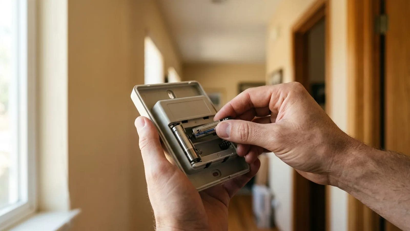 Hands swapping the batteries in a thermostat taken off the wall in a sunny hallway