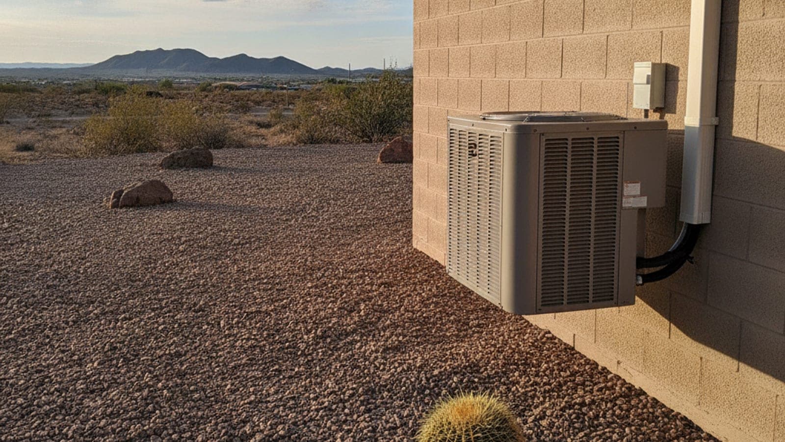 Outdoor mini split condenser mounted on a block wall of a Tucson home with a line set running up to the indoor room
