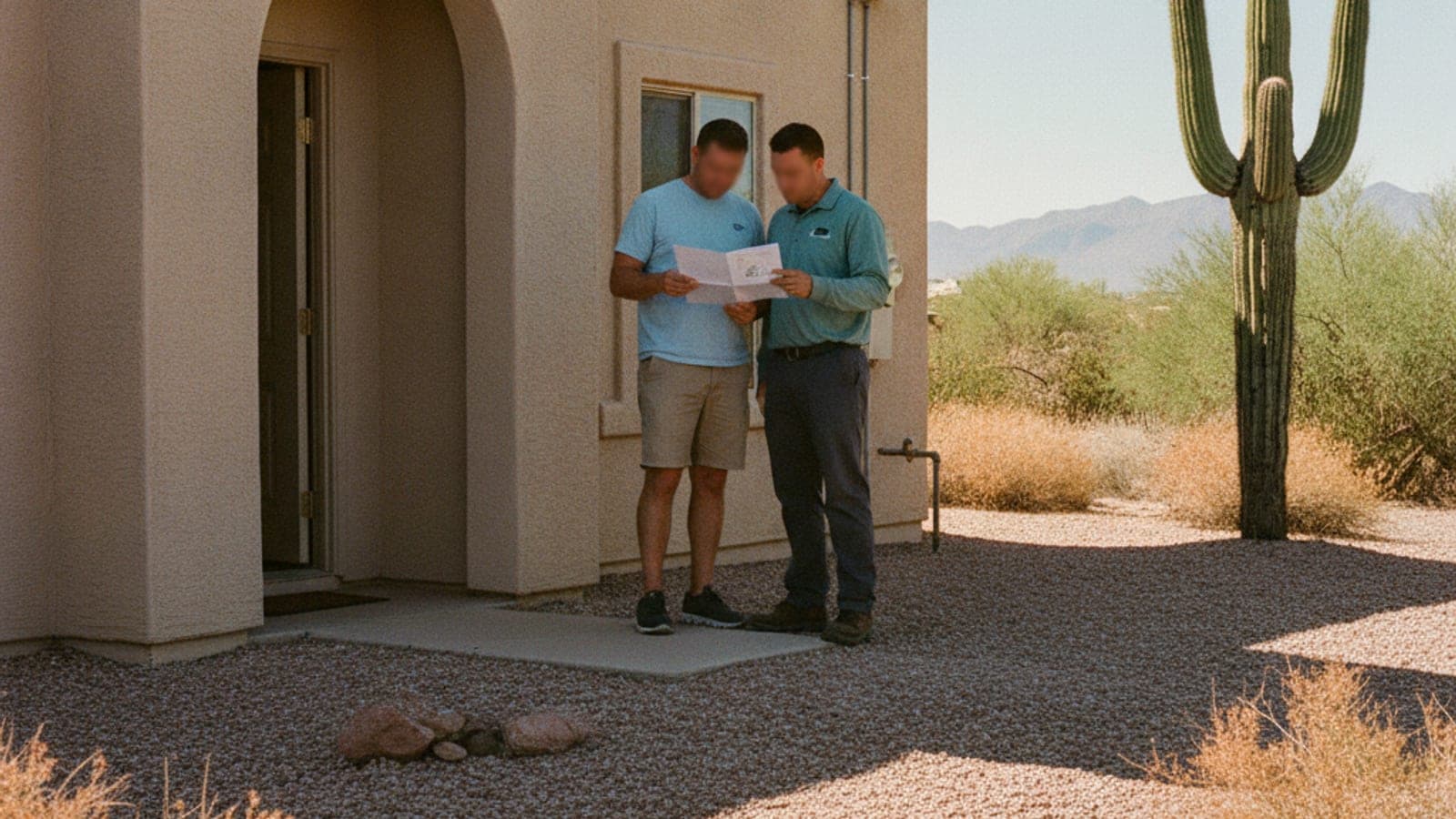 Homeowner and a contractor reviewing a written quote at the front door of a Tucson stucco home