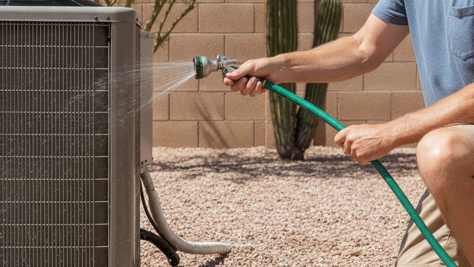 Homeowner gently rinsing the fins of an outdoor AC condenser with a garden hose beside a block wall in a Tucson backyard
